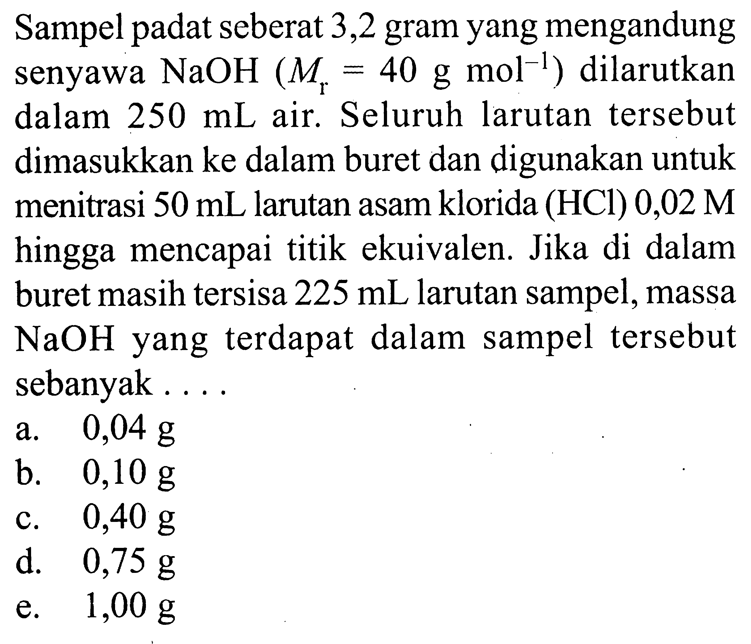 Sampel padat seberat 3,2 gram yang mengandungsenyawa  NaOH(Mr=40 g mol^-1)  dilarutkandalam  250 mL  air. Seluruh larutan tersebutdimasukkan ke dalam buret dan digunakan untukmenitrasi  50 mL  larutan asam klorida (HCl)  0,02 M hingga mencapai titik ekuivalen. Jika di dalamburet masih tersisa  225 mL  larutan sampel, massaNaOH yang terdapat dalam sampel tersebutsebanyak....