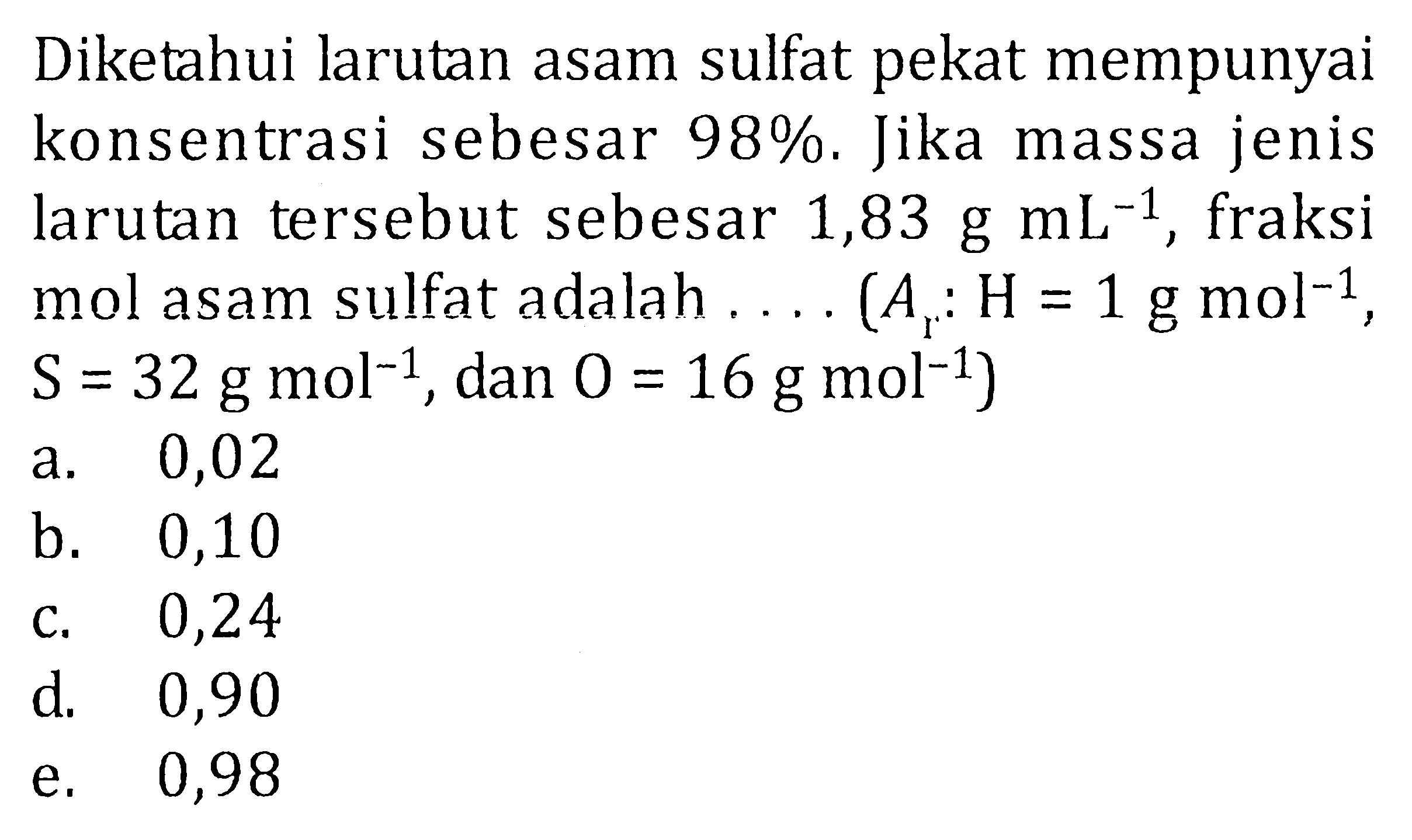 Diketahui larutan asam sulfat pekat mempunyai konsentrasi sebesar 98%. Jika massa jenis larutan tersebut sebesar 1,83 g mL^-1, fraksi mol asam sulfat adalah . . . . (Ar: H = 1 g mol^-1, S = 32 g mol^-1, dan O = 16 g mol^-1) 