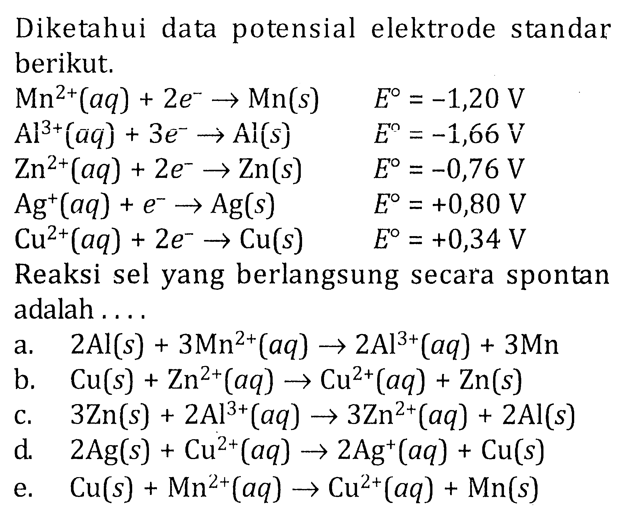 Diketahui data potensial elektrode standar berikut. Mn^(2+) (aq) + 2e^(-) -> Mn (s) E = -1,20 V Al^(3+) (aq) + 3e^(-) -> Al (s) E = -1,66 V Zn^(2+) (aq) + 2e^(-) -> Zn (s) E = -0,76 V Ag^(+) (aq) + e^(-) -> Ag (s) E = +0,80 V Cu(2+) (aq) + 2e^(-) -> Cu (s) E = +0,34 V Reaksi sel yang berlangsung secara spontan adalah a 2Al (s) + 3Mn^(2+) (aq) -> 2Al^(3+) (aq) + 3Mn b. Cu (s) + Zn^(2+) (aq) -> Cu^(2+) (aq) + Zn(s) c. 3Zn (s) + 2Al^(3+) (aq) -> 3Zn^(2) (aq) + 2Al (s) d. 2Ag (s) + Cu^(2+) (aq) -> 2Ag^(+) (aq) + Cu (s) e. Cu (s) + Mn^(2+) (aq) -> Cu^(2+) (aq) + Mn (s)