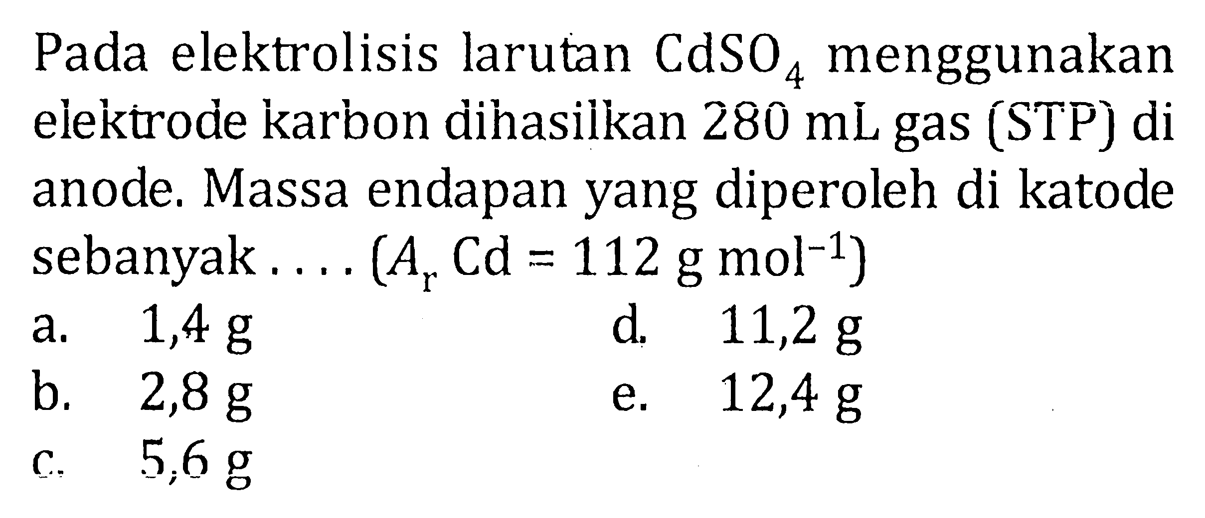 Pada elektrolisis larutan CdSO4 menggunakan elektrode karbon dihasilkan 280 mL gas (STP) di anode. Massa endapan yang diperoleh di katode sebanyak .... ( Ar Cd=112 g mol^(-1)) 