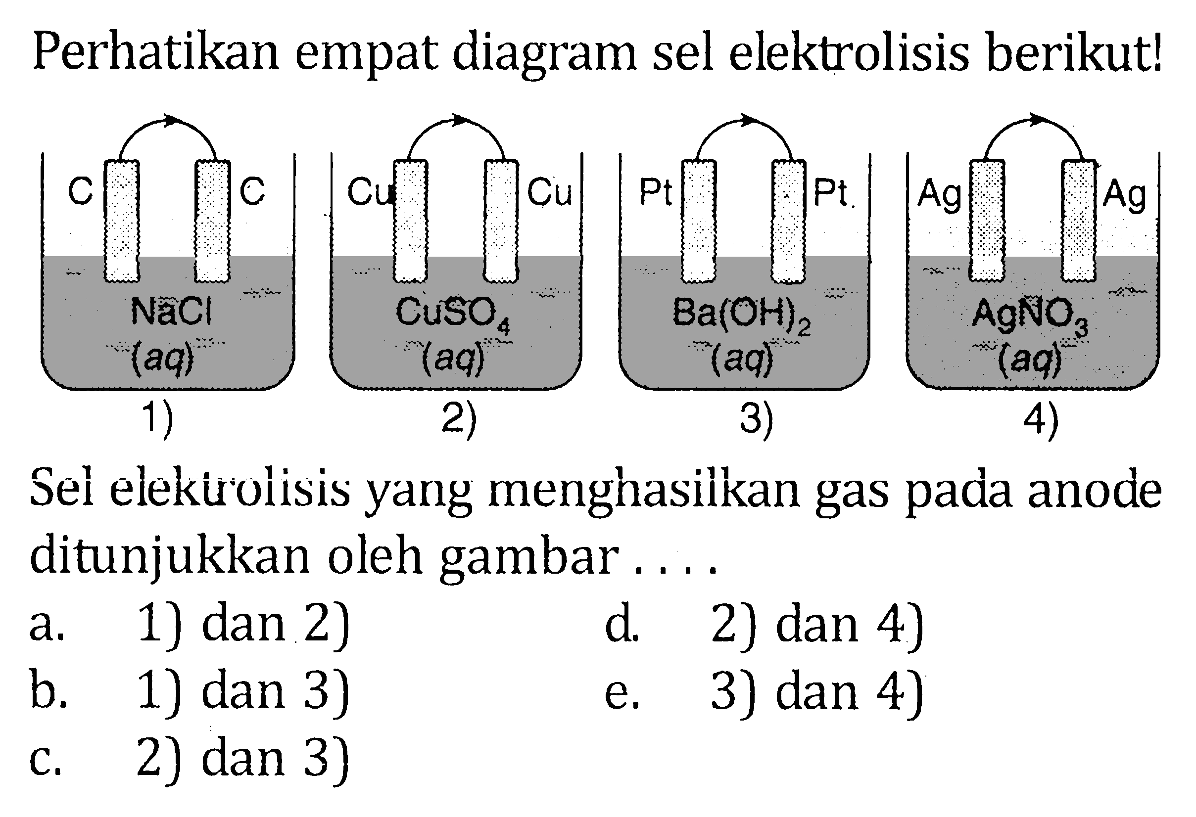 Perhatikan empat diagram sel elektrolisis berikut! 1) C NaCl(aq) 2) Cu CuSO4(aq) Cu 3) Pt Ba(OH)2(aq) Pt 4) Ag AgNO3(aq) Ag Sel elektrolisis yang menghasilkan gas pada anode ditunjukkan oleh gambar.... a. 1) dan 2) b. 1) dan 3) c. 2) dan 3) d. 2) dan 4) e. 3) dan 4) 