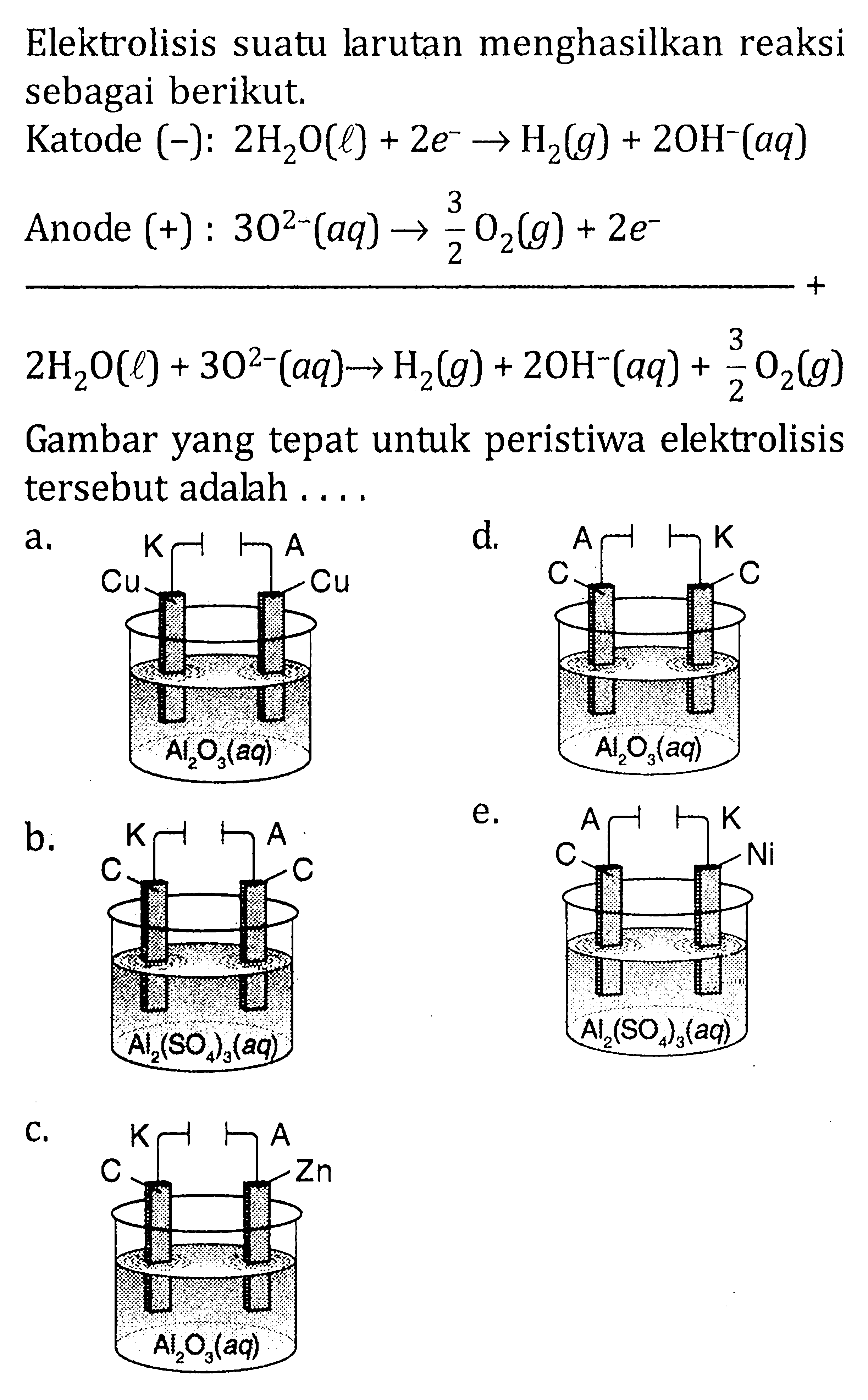 Elektrolisis suatu larutan menghasilkan reaksi sebagai berikut. 
Katode (-) : 2 H2O (l) + 2 e^- -> H2 (g) + 2 OH^- (aq) 
Anode (+) : 3 O^(2-) (aq) -> 3/2 O2 (g) + 2 e^- 
2 H2O (l) + 3 O^(2-) (aq) -> H2 (g) + 2 OH^- (aq) + 3/2 O2 (g) 
Gambar yang tepat untuk peristiwa elektrolisis tersebut adalah 
a. K A Cu Cu Al2O3 (aq) d. A K C C Al2O3 (aq) b. K A C C Al2 (SO4)3 (aq) e. A K C Ni Al2 (SO4)3 (aq) c. K A C Zn Al2O3 (aq) 