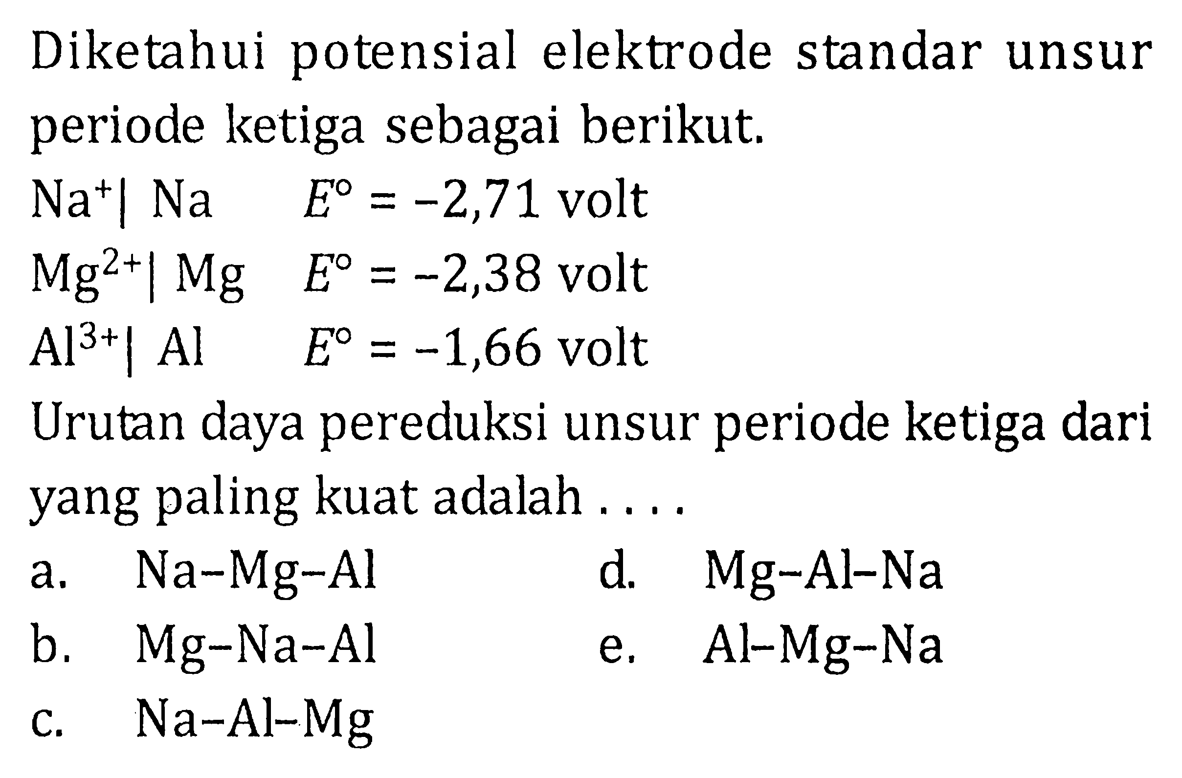 Diketahui potensial elektrode standar unsur periode ketiga sebagai berikut. Na^+ | Na E=-2,71 volt Mg^(2+) | Mg E=-2,38 volt Al^(3+) | Al E=-1,66 volt Urutan daya pereduksi unsur periode ketiga dari yang paling kuat adalah .... 