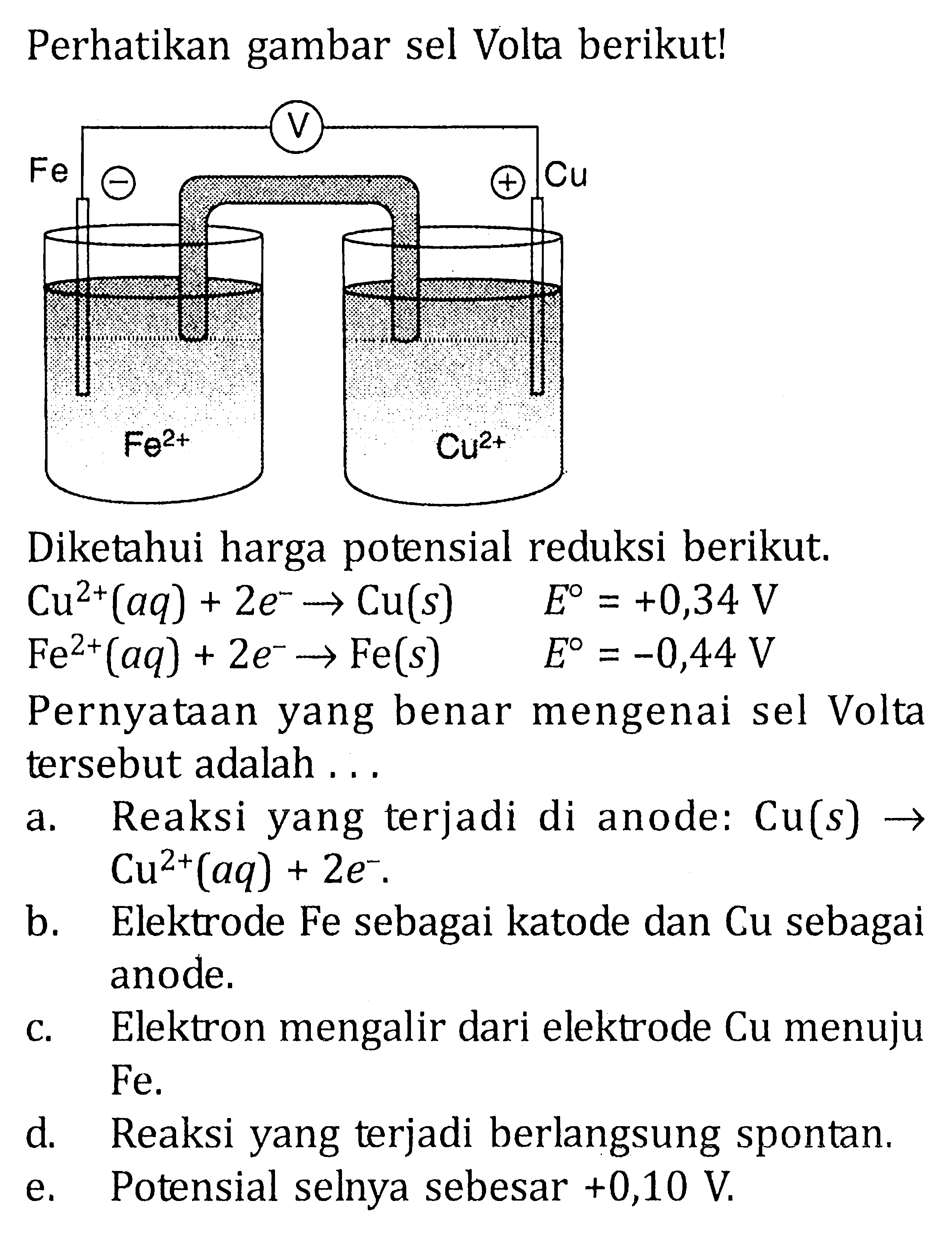 Perhatikan gambar sel Volta berikut! Diketahui harga potensial reduksi berikut. Cu^2+(aq)+2e^- -> Cu(s)  E=+0,34 V  Fe^2+(aq)+2e^- -> Fe(s)  E=-0,44 V Pernyataan yang benar mengenai sel Volta tersebut adalah ...