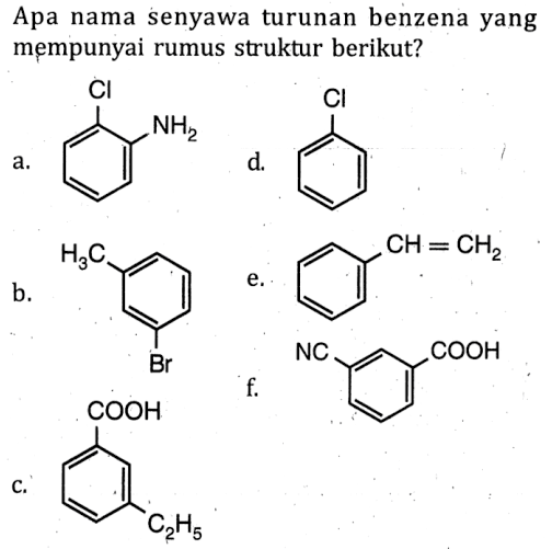 Apa nama senyawa turunan benzena yang mempunyai rumus struktur berikut? a. Cl NH2 b. H3C Br c. COOH C2H5 d. Cl e. CH=CH2 f. NC COOH