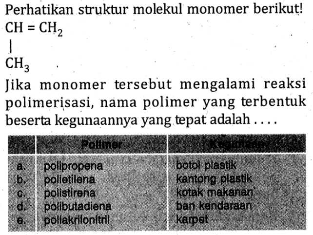 Perhatikan struktur molekul monomer berikut! 
CH=CH2 CH3 
Jika monomer tersebut mengalami reaksi polimerisasi, nama polimer yang terbentuk beserta kegunaannya yang tepat adalah 
Polimer Kegunaan 
a. polipropena botol plastik 
b. polletilena kantong plastik 
c. polistirona kotak makanan 
d. pollbutadiena ban kendaraan 
e. pollakrilonitril karpet