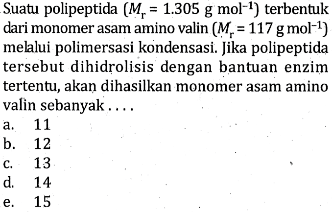 Suatu polipeptida (Mr = 1.305 g mol^(-1)) terbentuk dari monomer asam amino valin (Mr = 117 g mol^(-1)) melalui polimerisasi kondensasi. Jika polipeptida tersebut dihidrolisis dengan bantuan enzim tertentu, akan dihasilkan monomer asam amino valin sebanyak ....