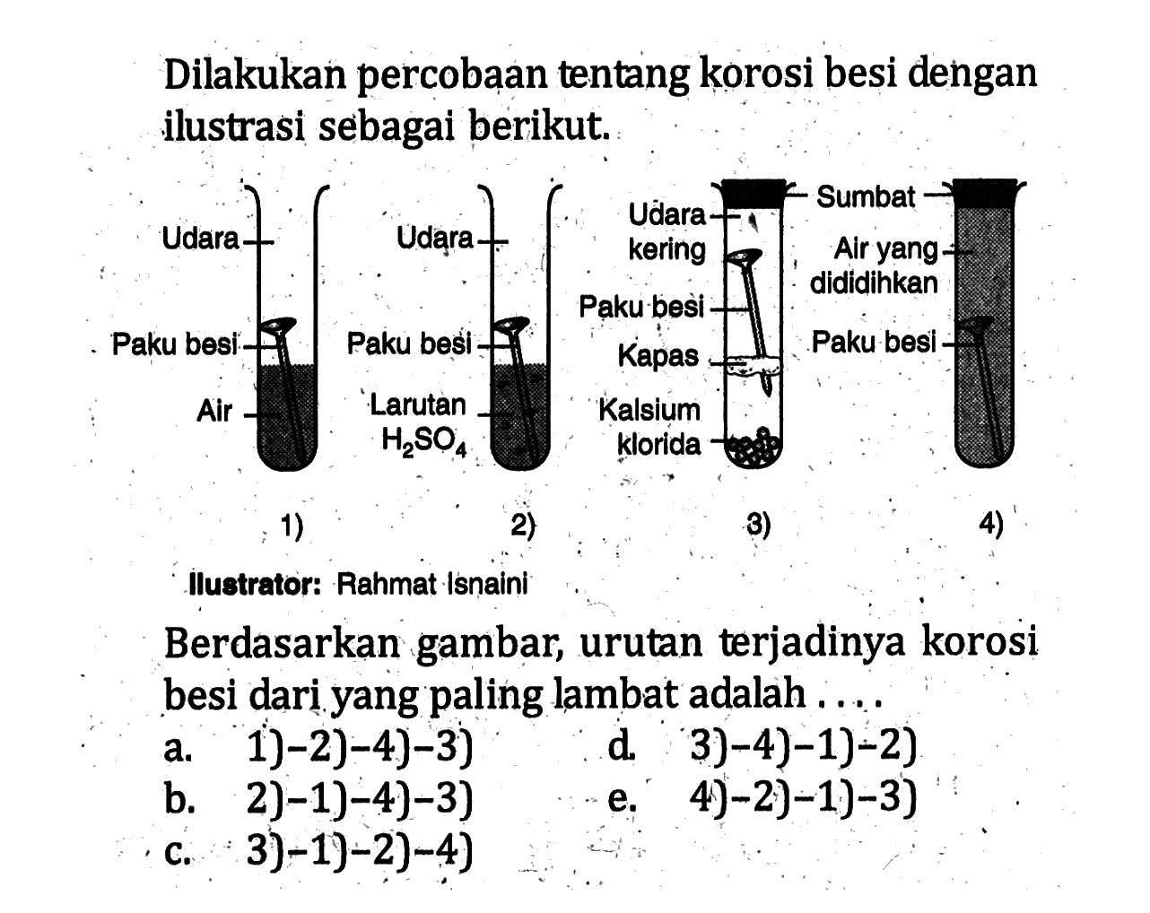 Dilakukan percobaan tentang korosi besi dengan ilustrasi sebagai berikut. Ilustrator: Rahmat Isnaini Berdasarkan gambar, urutan terjadinya korosi besi dari yang paling lambat adalah . . . .