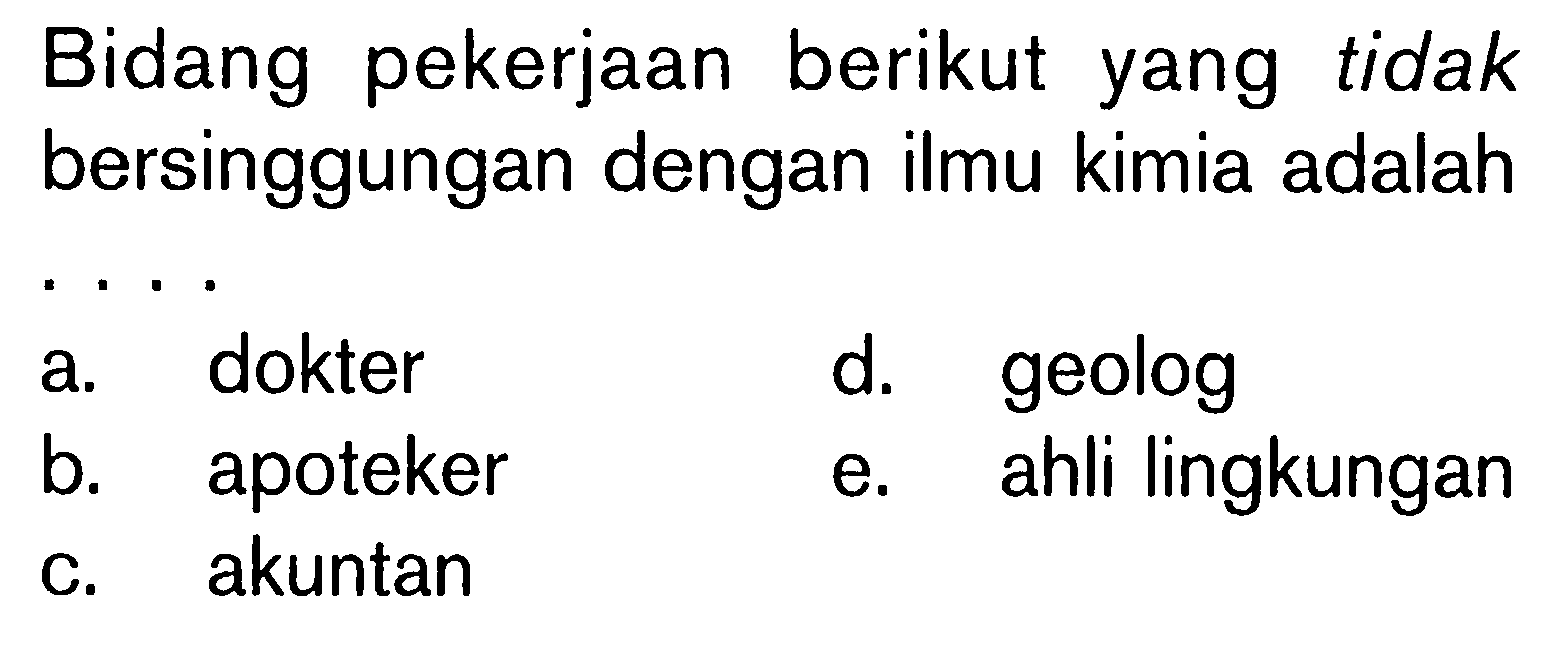 Bidang pekerjaan berikut yang tidak bersinggungan dengan ilmu kimia adalah ...