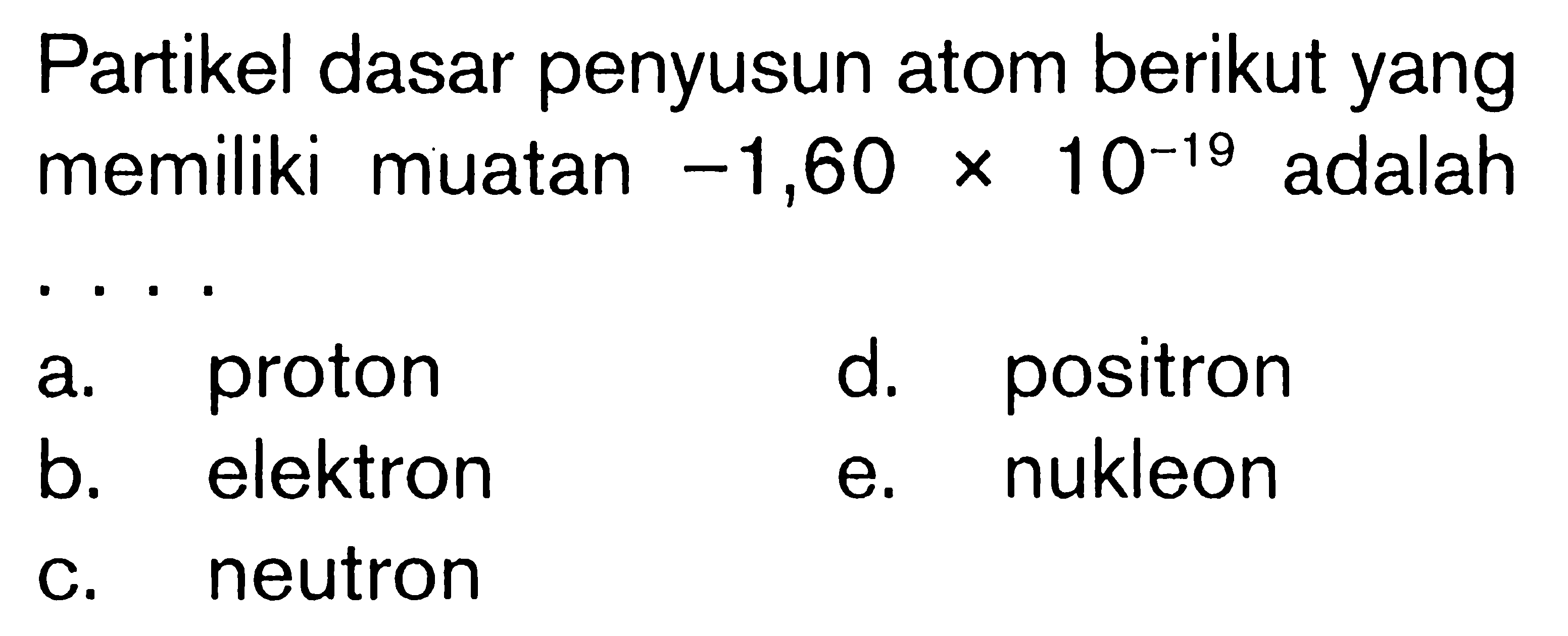 Partikel dasar penyusun atom berikut yang memiliki muatan -1,60 x 10^(-19) adalah . . . .