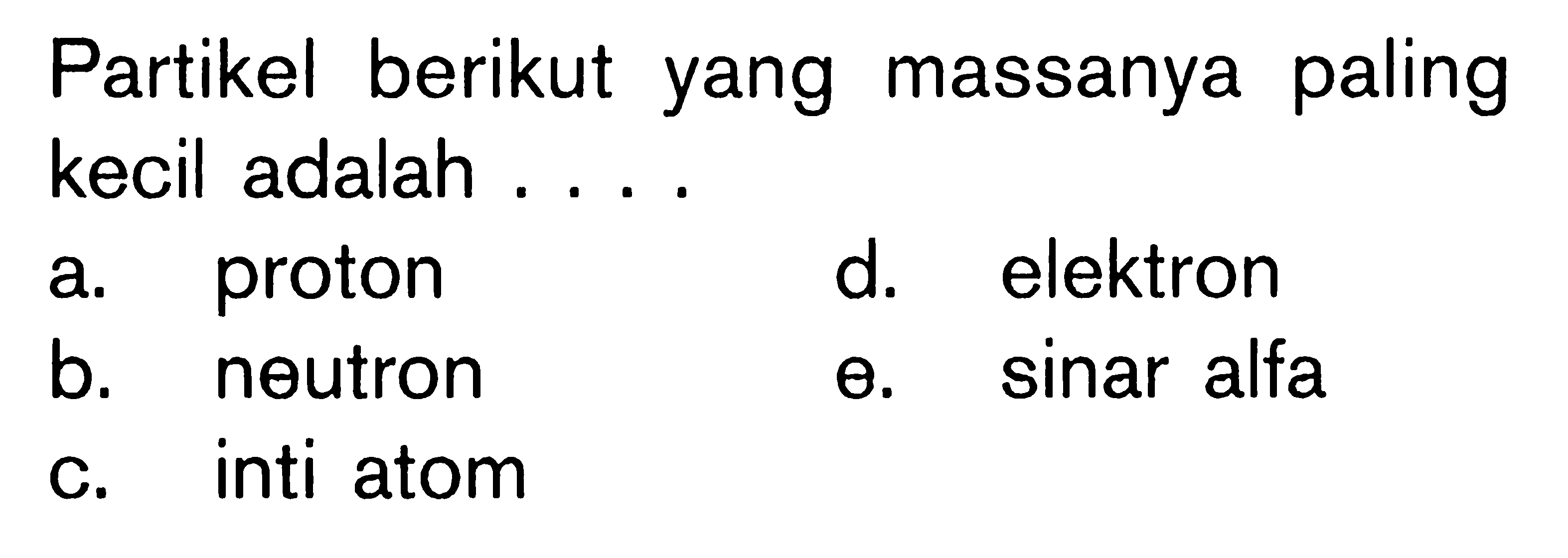 Partikel berikut yang massanya paling kecil adalah . . . .