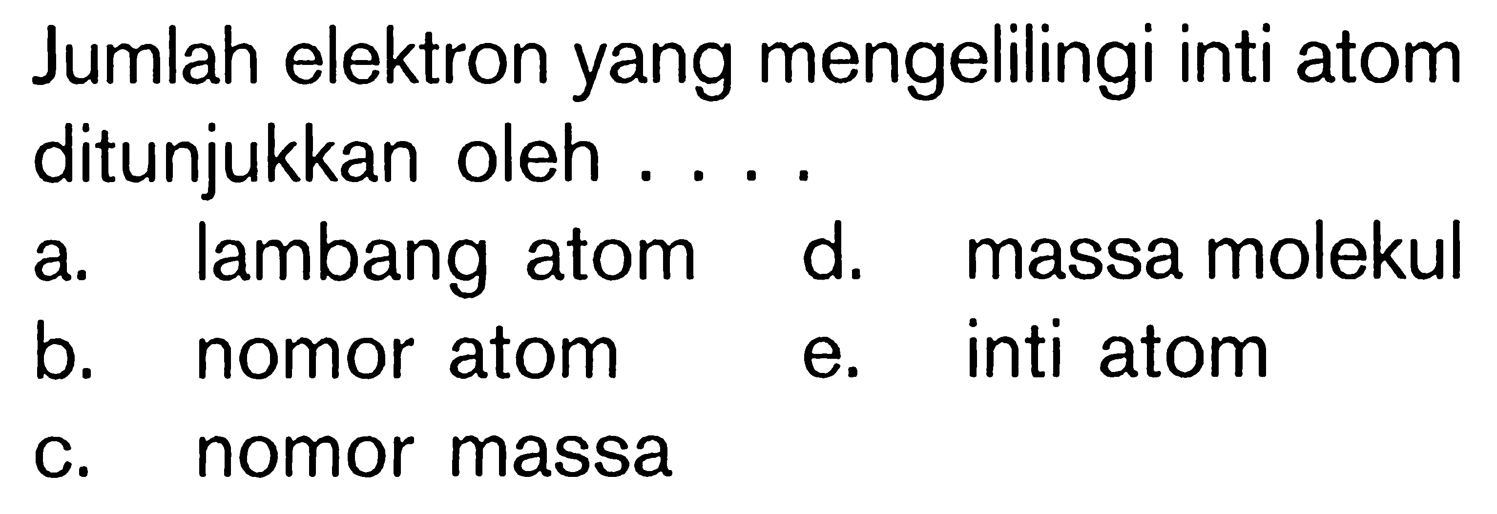 Jumlah elektron yang mengelilingi inti atom ditunjukkan oleh . . . .