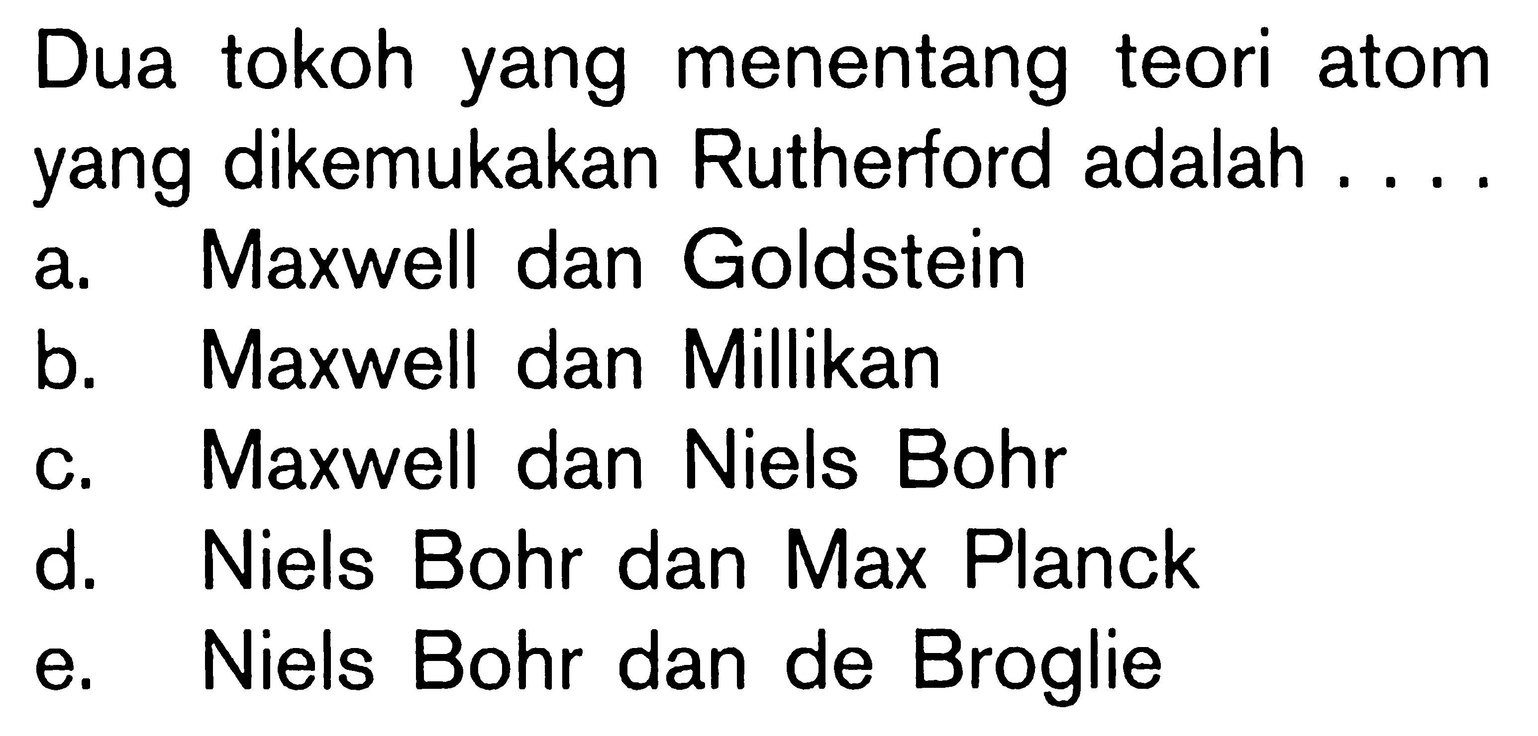 Dua tokoh yang menentang teori atom yang dikemukakan Rutherford adalah . . . .