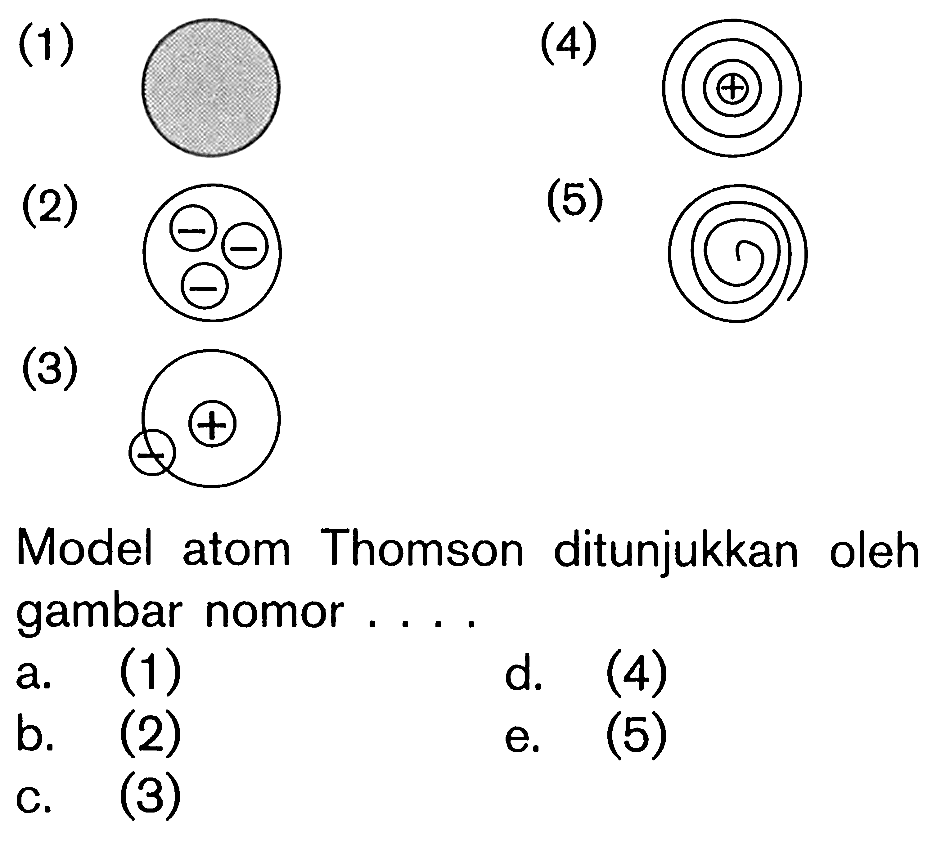 (1) (2) (3) (4) (5) Model atom Thomson ditunjukkan oleh gambar nomor ....