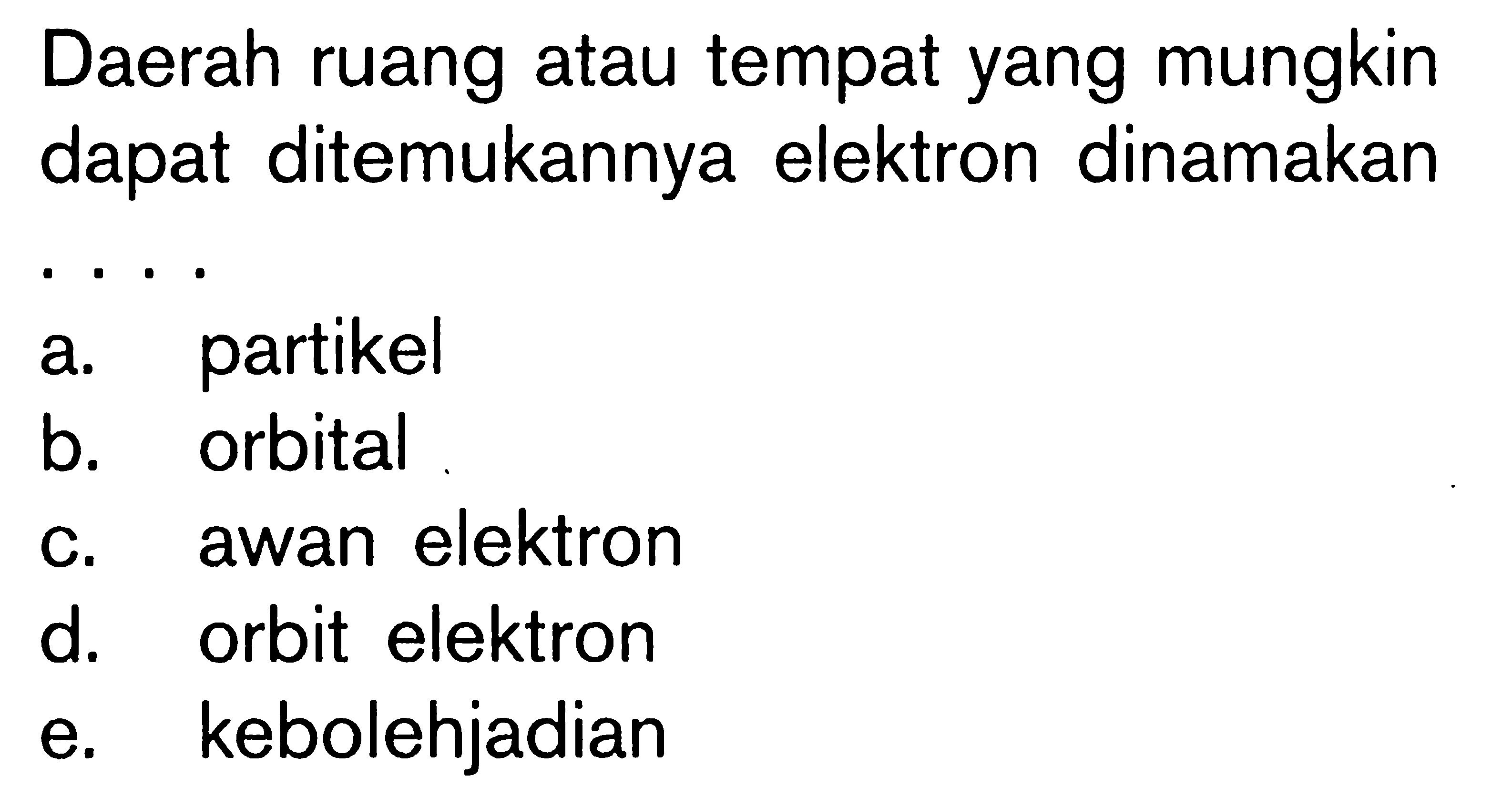 Daerah ruang atau tempat yang mungkin dapat ditemukannya elektron dinamakan ....