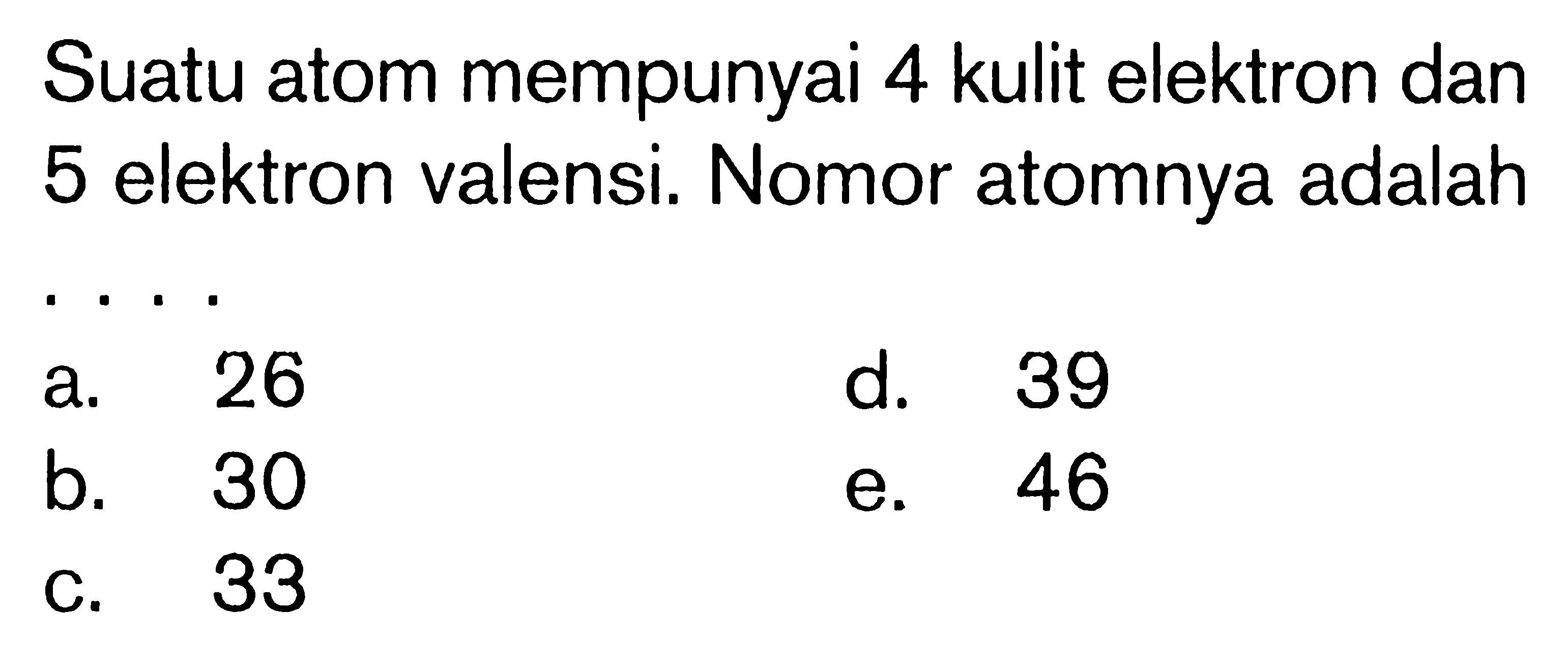 Suatu atom mempunyai 4 kulit elektron dan 5 elektron valensi. Nomor atomnya adalah ....