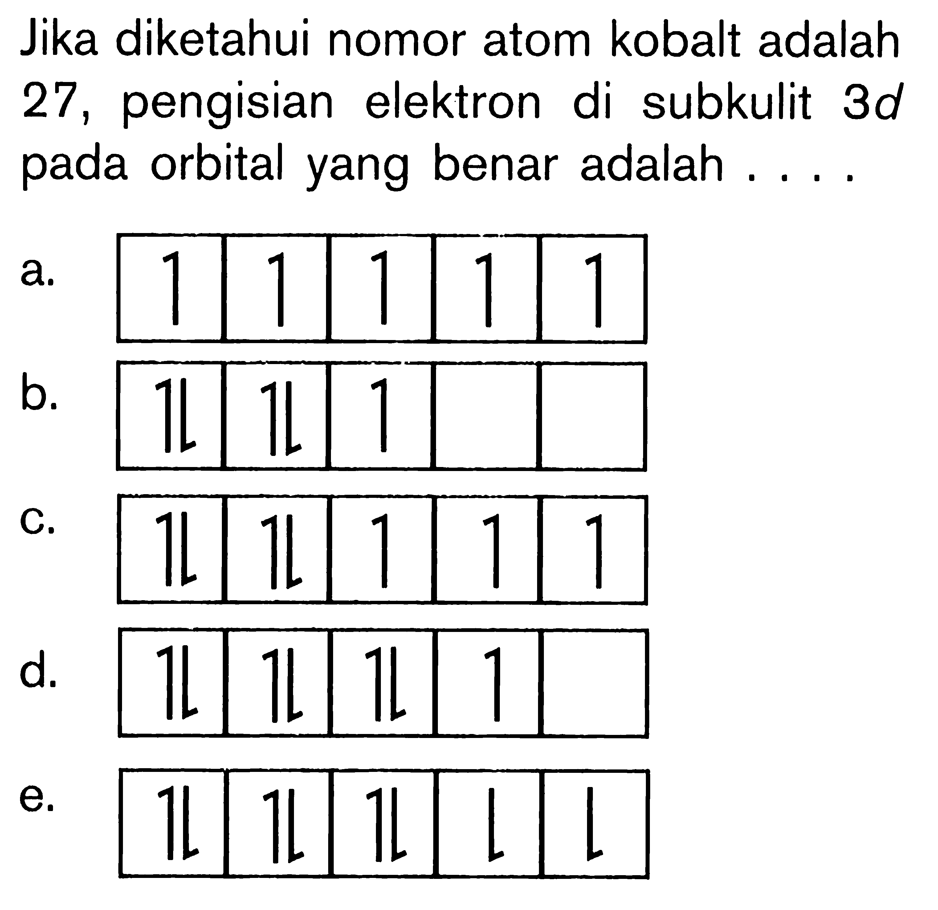 Jika diketahui nomor atom kobalt adalah 27, pengisian elektron di subkulit 3d orbital yang benar adalah . . . .