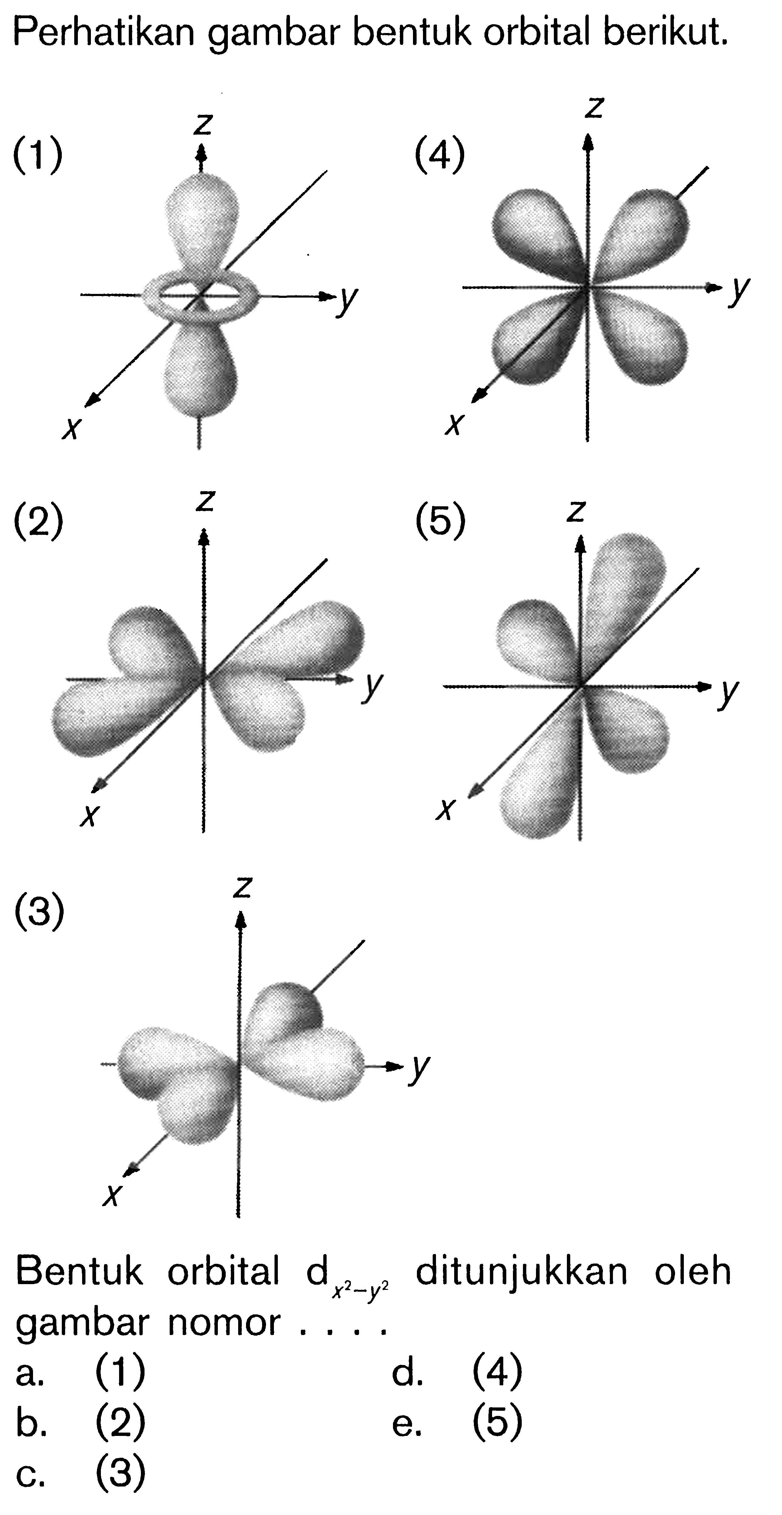 Perhatikan gambar bentuk orbital berikut. (1) (2) (3) (4) (5) Bentuk orbital d(x^2 - y^2) ditunjukkan oleh gambar nomor ....