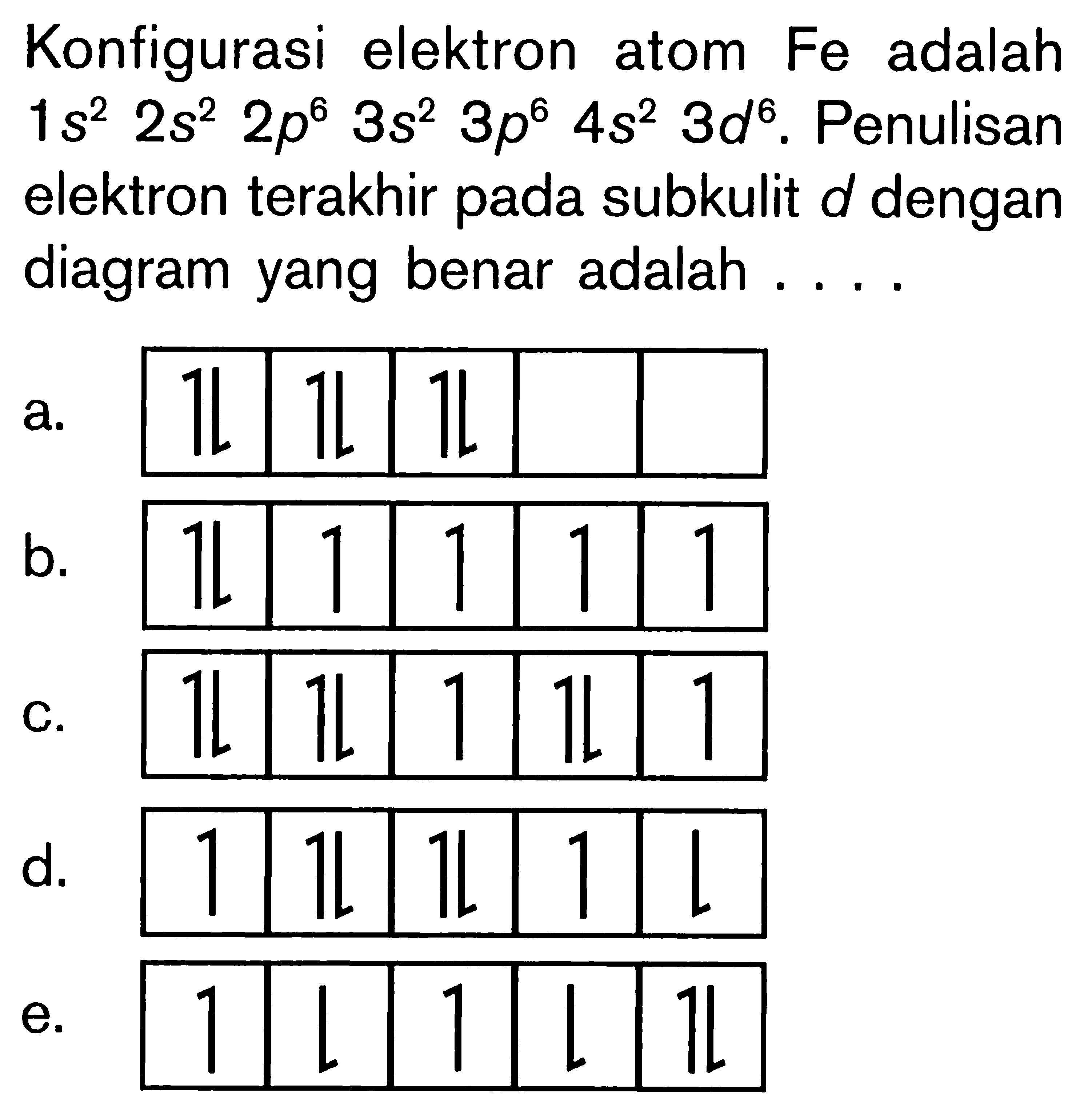 Konfigurasi elektron atom Fe adalah 1s^2 2s^2 2p^6 3s^2 3p^6 4s^2 3d^6. Penulisan elektron terakhir pada subkulit d dengan diagram yang benar adalah . . . .