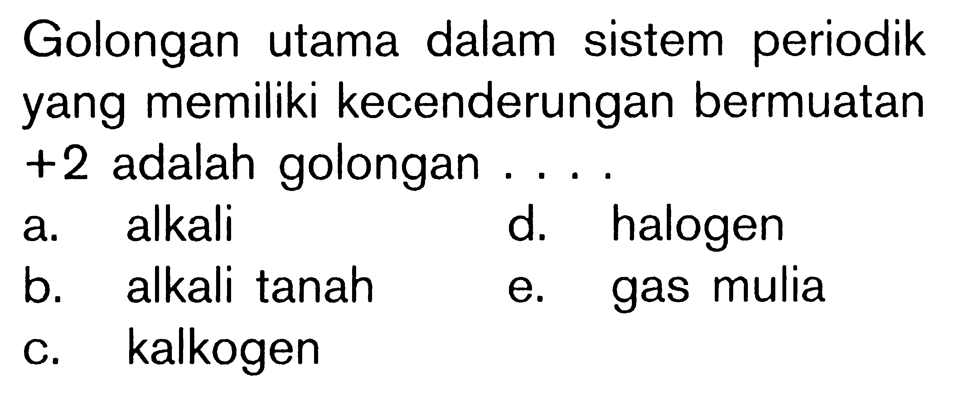 Golongan utama dalam sistem periodik yang memiliki kecenderungan bermuatan +2 adalah golongan ....