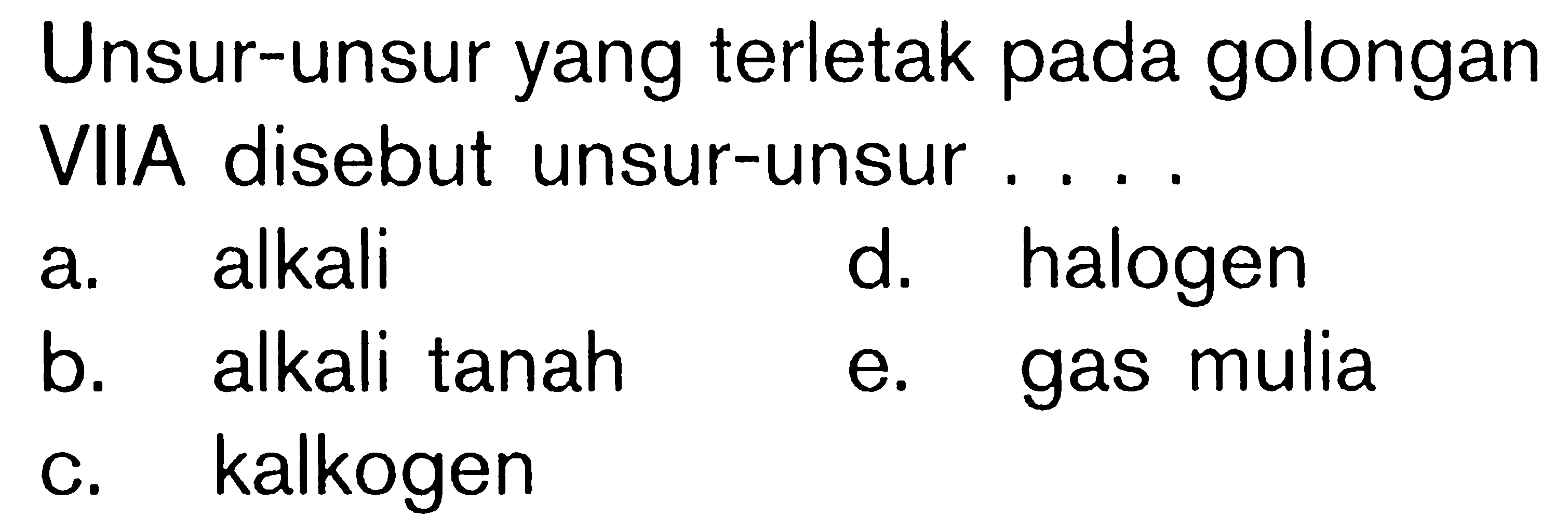 Unsur-unsur yang terletak pada golongan VIIA disebut unsur-unsur ....