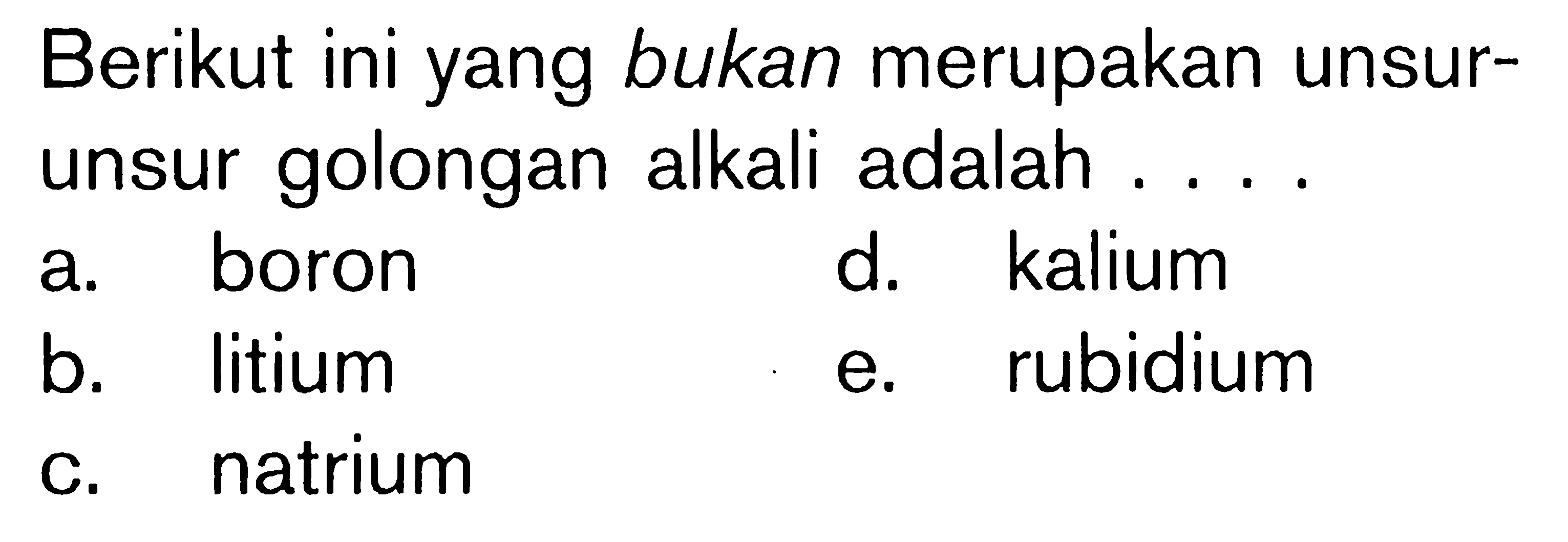 Berikut ini yang bukan merupakan unsur-unsur golongan alkali adalah ....