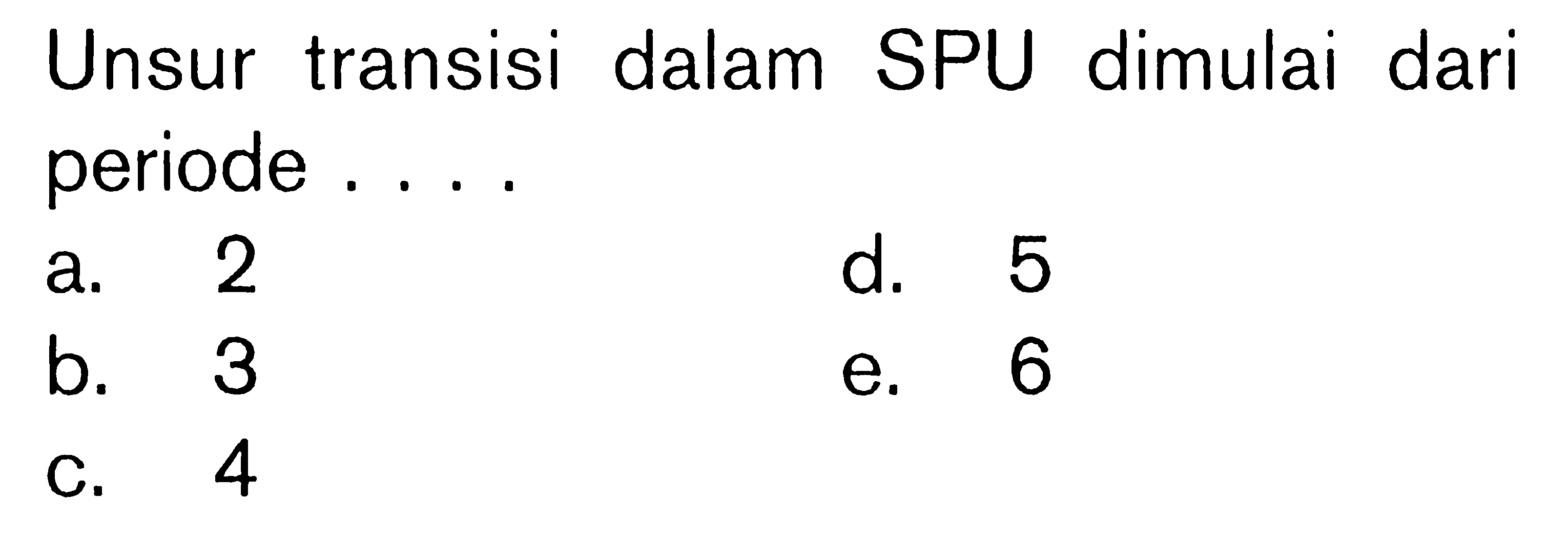 Unsur transisi dalam SPU dimulai dari periode ....