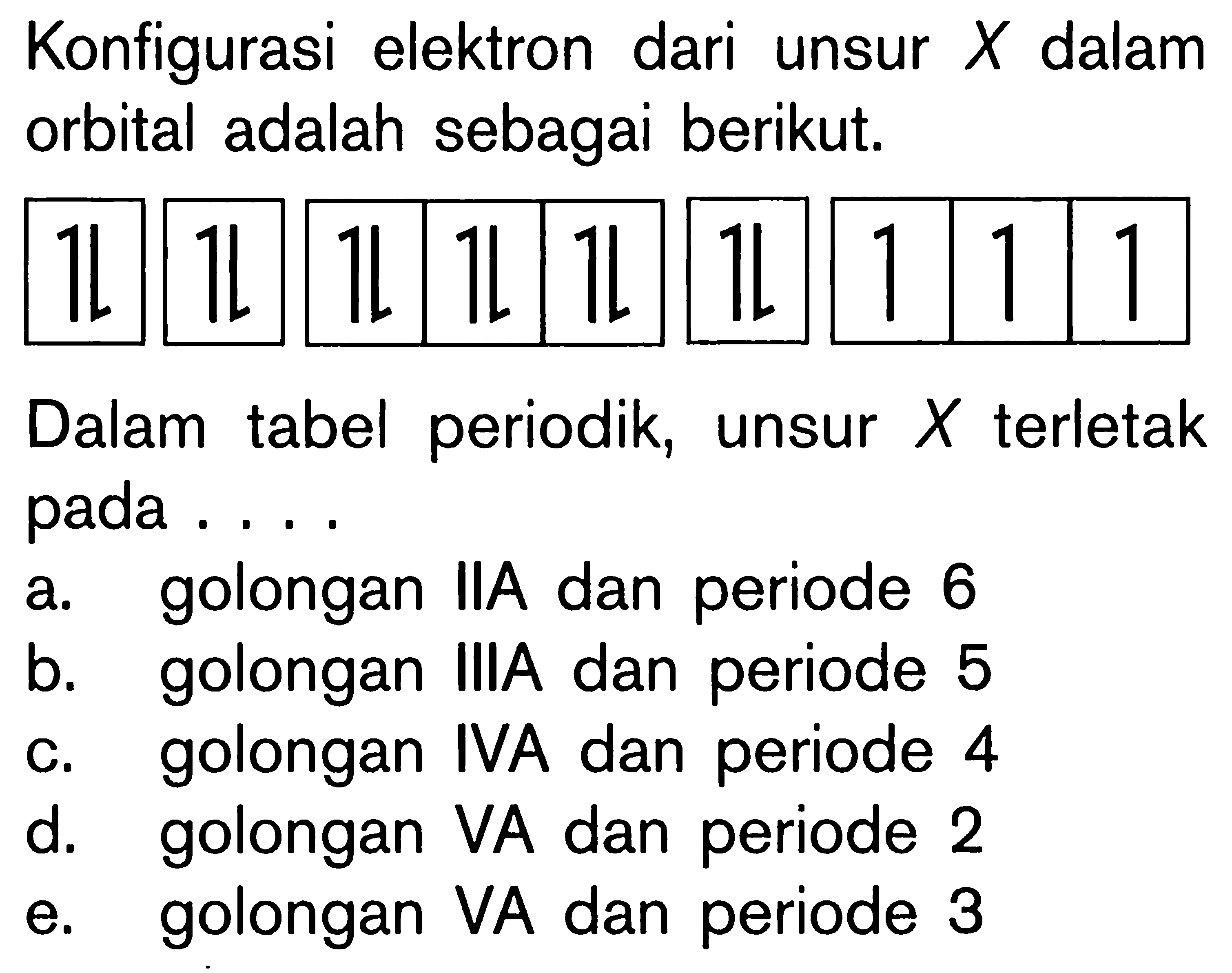 Konfigurasi elektron dari unsur X dalam orbital adalah sebagai berikut. Dalam tabel periodik, unsur X terletak pada ...