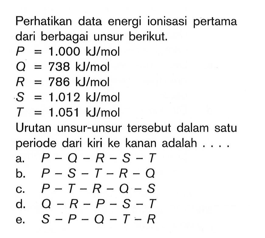 Perhatikan data energi ionisasi pertama dari berbagai unsur berikut. P = 1.000 kJ/mol Q = 738 kJ/mol R = 786 kJ/mol S = 1.012 kJ/mol T = 1.051 kJ/mol Urutan unsur-unsur tersebut dalam satu periode dari kiri ke kanan adalah ...