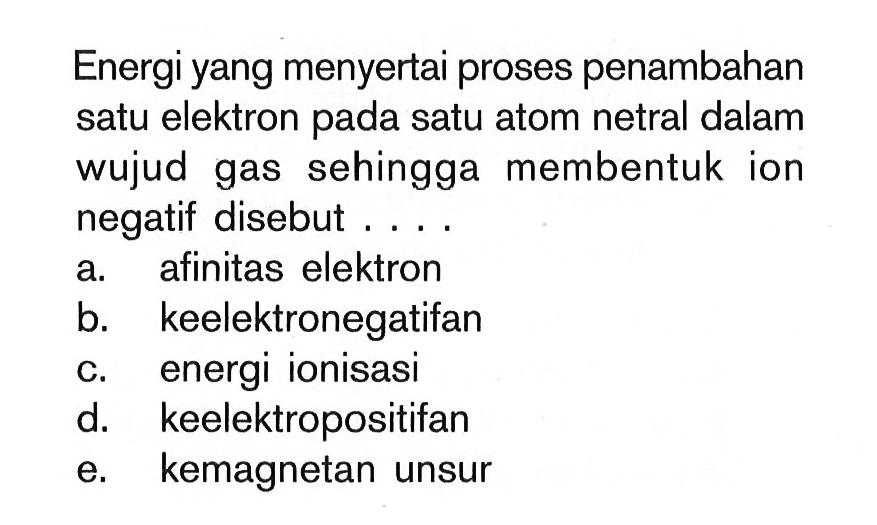 Energi yang menyertai proses penambahan satu elektron satu atom netral dalam gas sehingga membentuk ion negatif disebut . . . .