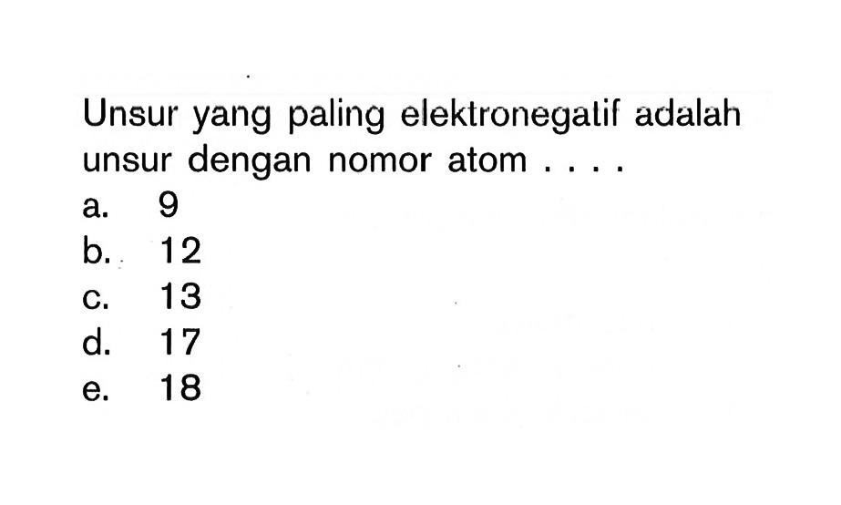 Unsur yang paling elektronegatif adalah unsur dengan nomor atom . . . .