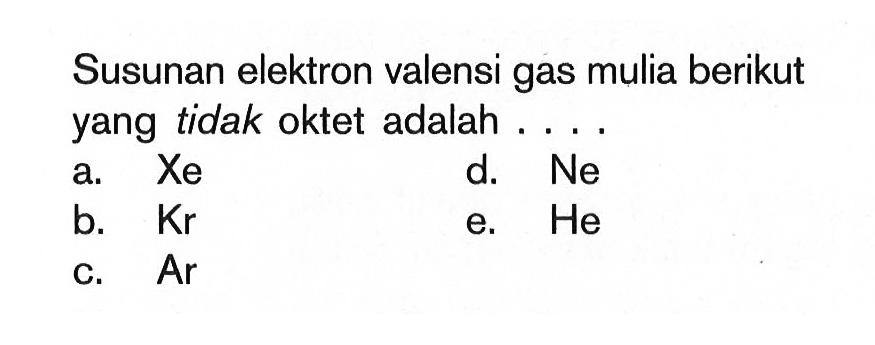 Susunan elektron valensi gas mulia berikut yang tidak oktet adalah ...