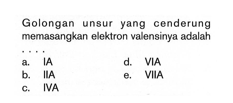 Golongan unsur yang cenderung memasangkan elektron valensinya adalah ....