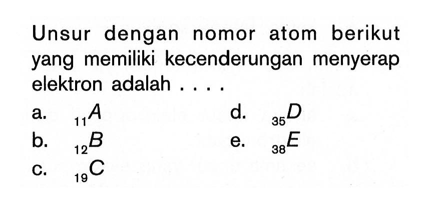 Unsur dengan nomor atom berikut yang memiliki kecenderungan menyerap elektron adalah 
a. 11 A d. 35 D b. 12 B e. 38 E C. 19 C 