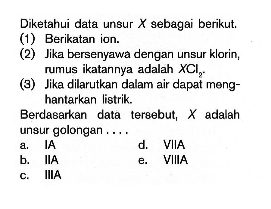 Diketahui data unsur X sebagai berikut. (1) Berikatan ion. (2) Jika bersenyawa dengan unsur klorin, rumus ikatannya adalah XCl2. (3) Jika dilarutkan dalam air dapat menghantarkan listrik. Berdasarkan data tersebut, X adalah unsur golongan ...