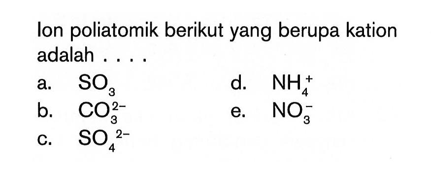 lon poliatomik berikut yang berupa kation adalah ...