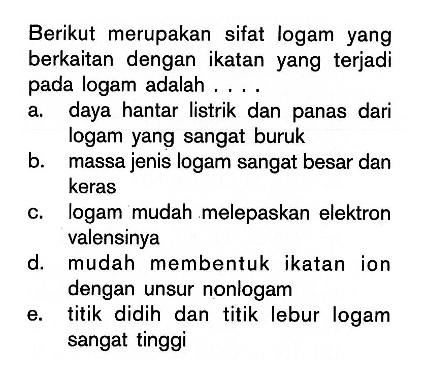 Berikut merupakan sifat logam yang berkaitan dengan ikatan yang terjadi pada logam adalah ....