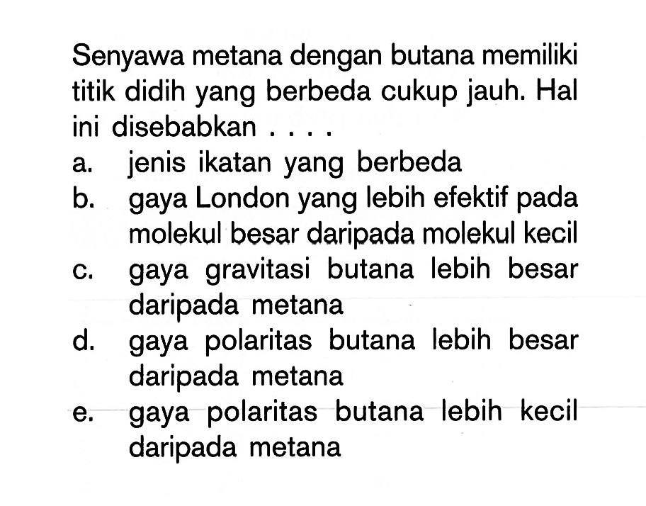 Senyawa metana dengan butana memiliki titik didih yang berbeda cukup jauh. Hal ini disebabkan....