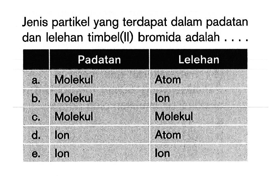 Jenis partikel yang terdapat dalam padatan dan lelehan timbel(II) bromida adalah ....  Padatan  Lelehan   a.  Molekul  Atom  b.  Molekul  lon c.  Molekul  Molekul d.  lon  Atom e.  lon  lon 