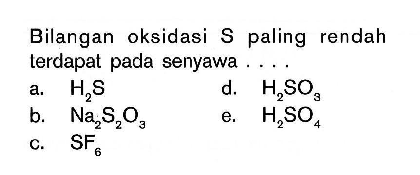 Bilangan oksidasi S paling rendah terdapat pada senyawa ....