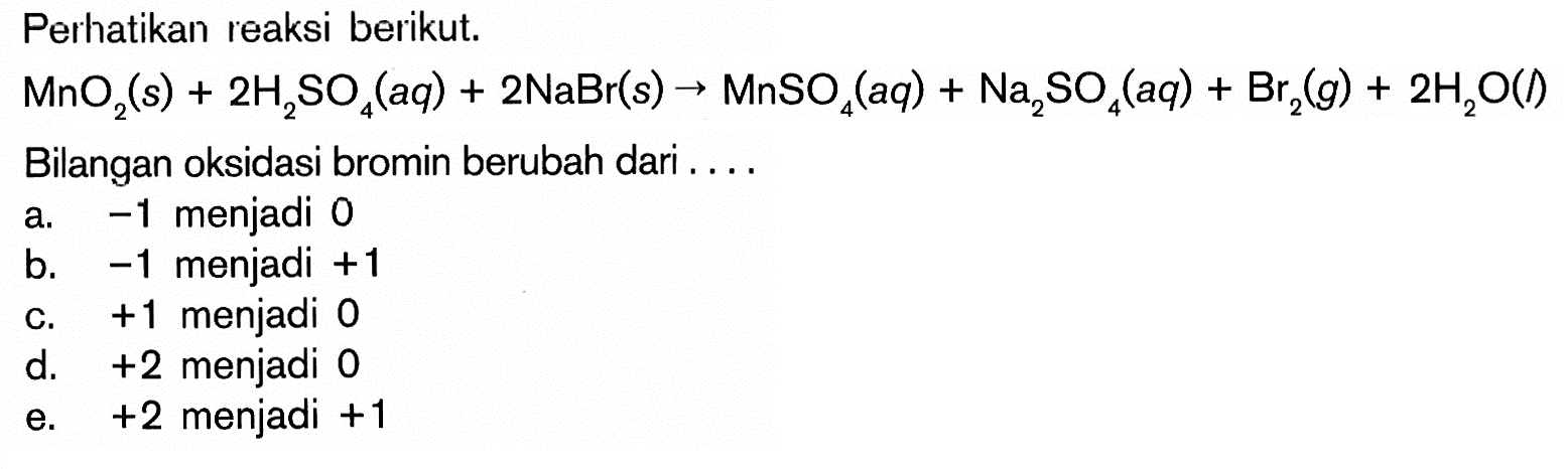 Perhatikan reaksi berikut.MnO2(s)+2H2SO4(aq)+2NaBr(s) -> MnSO4(aq)+Na2SO4(aq)+Br2(g)+2H2O(l) Bilangan oksidasi bromin berubah dari .... 