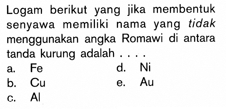 Logam berikut yang jika membentuk senyawa memiliki nama yang tidak menggunakan angka Romawi di antara tanda kurung adalah ....