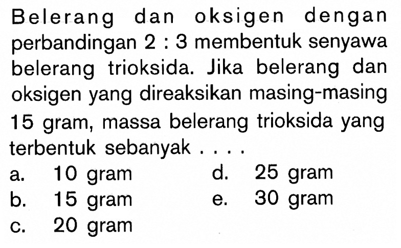 Belerang dan oksigen dengan perbandingan 2:3 membentuk senyawa belerang trioksida. Jika belerang dan oksigen yang direaksikan masing-masing 15 gram, massa belerang trioksida yang terbentuk sebanyak ...