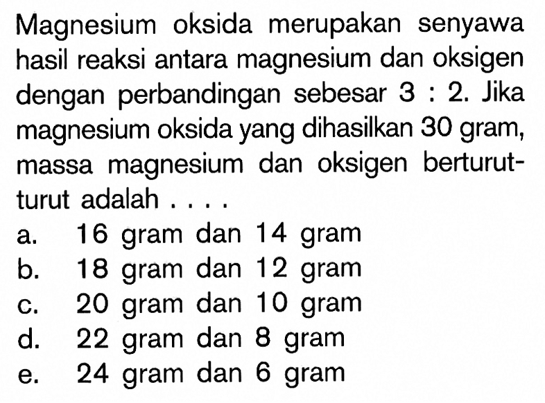 Magnesium oksida merupakan senyawa hasil reaksi antara magnesium dan oksigen dengan perbandingan sebesar  3 : 2. Jika magnesium oksida yang dihasilkan 30 gram, massa magnesium dan oksigen berturutturut adalah ....