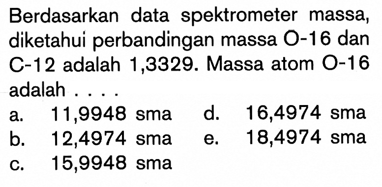 Berdasarkan data spektrometer massa, diketahui perbandingan massa O-16 dan C-12 adalah 1,3329. Massa atom O-16 adalah ....