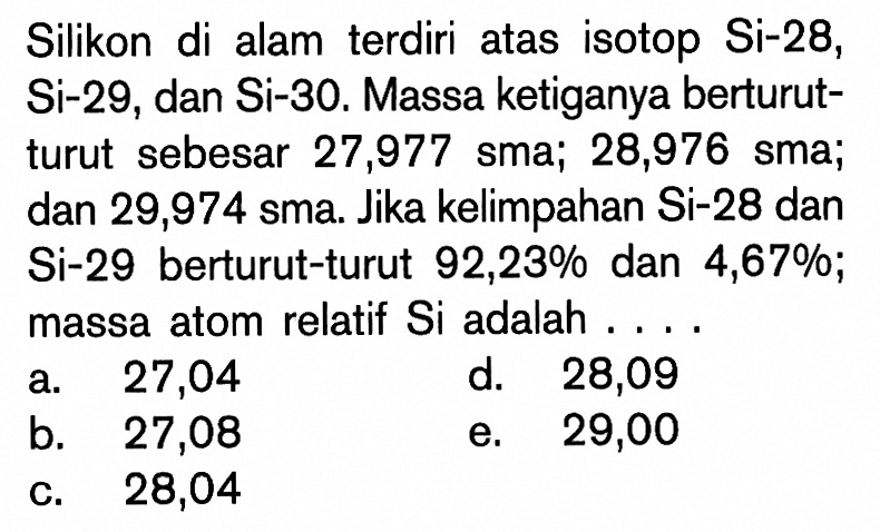 Silikon di alam terdiri atas isotop Si-28, Si-29, dan Si-30. Massa ketiganya berturut-turut sebesar 27,977 sma; 28,976 sma; dan 29,974 sma. Jika kelimpahan Si-28 dan Si-29 berturut-turut  92,23%  dan  4,67% ; massa atom relatif Si adalah ....