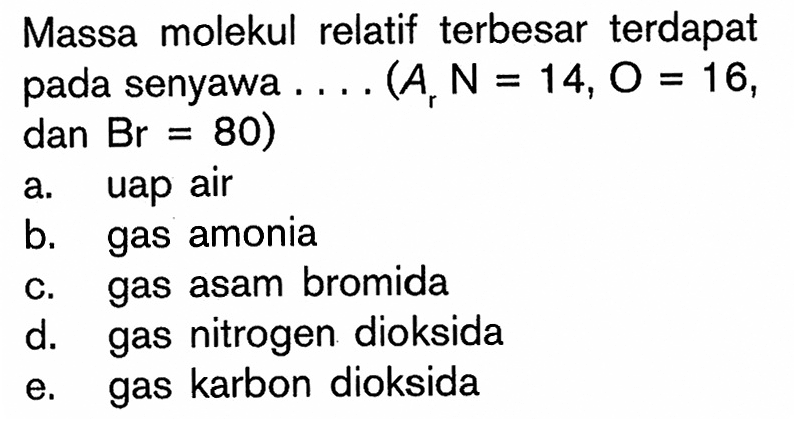 Massa molekul relatif terbesar terdapat pada senyawa .... (Ar N=14, O=16, dan Br=80) a. uap air b. gas amonia c. gas asam bromida d. gas nitrogen dioksida e. gas karbon dioksida 