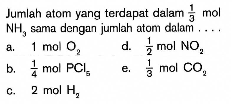 Jumlah atom yang terdapat dalam 1/3 mol NH3 sama dengan jumlah atom dalam ....