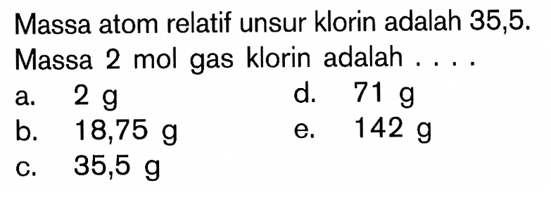 Massa atom relatif unsur klorin adalah 35,5 .Massa 2 mol gas klorin adalah ....