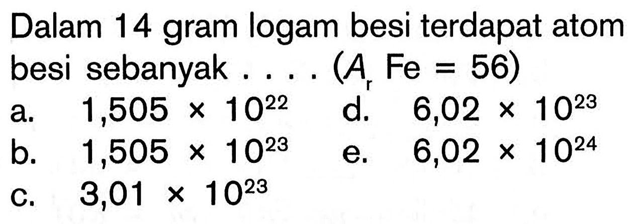 Dalam 14 gram logam besi terdapat atom besi sebanyak ...(Ar Fe=56)